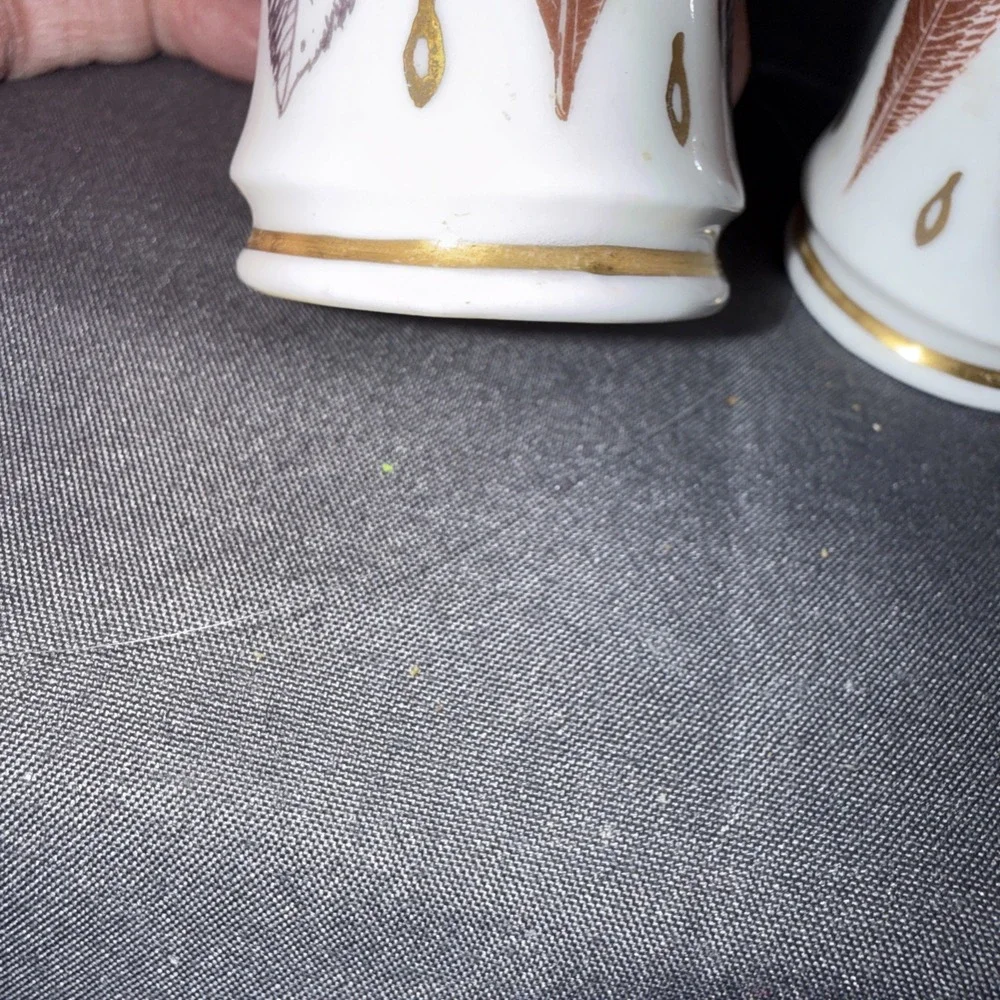 Vintage Salt And Pepper Small With Feathers And Gold Trim Hand Painted